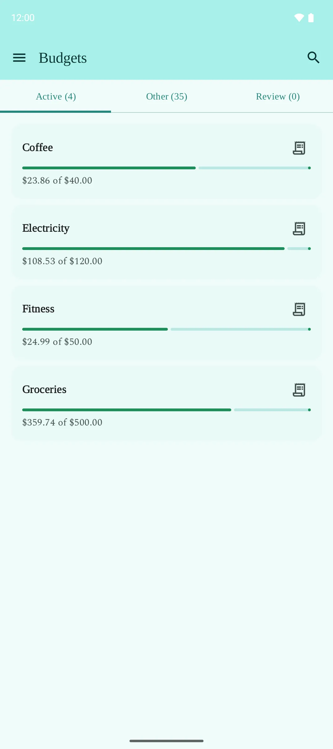 Budgets screen tracking spending limits per category