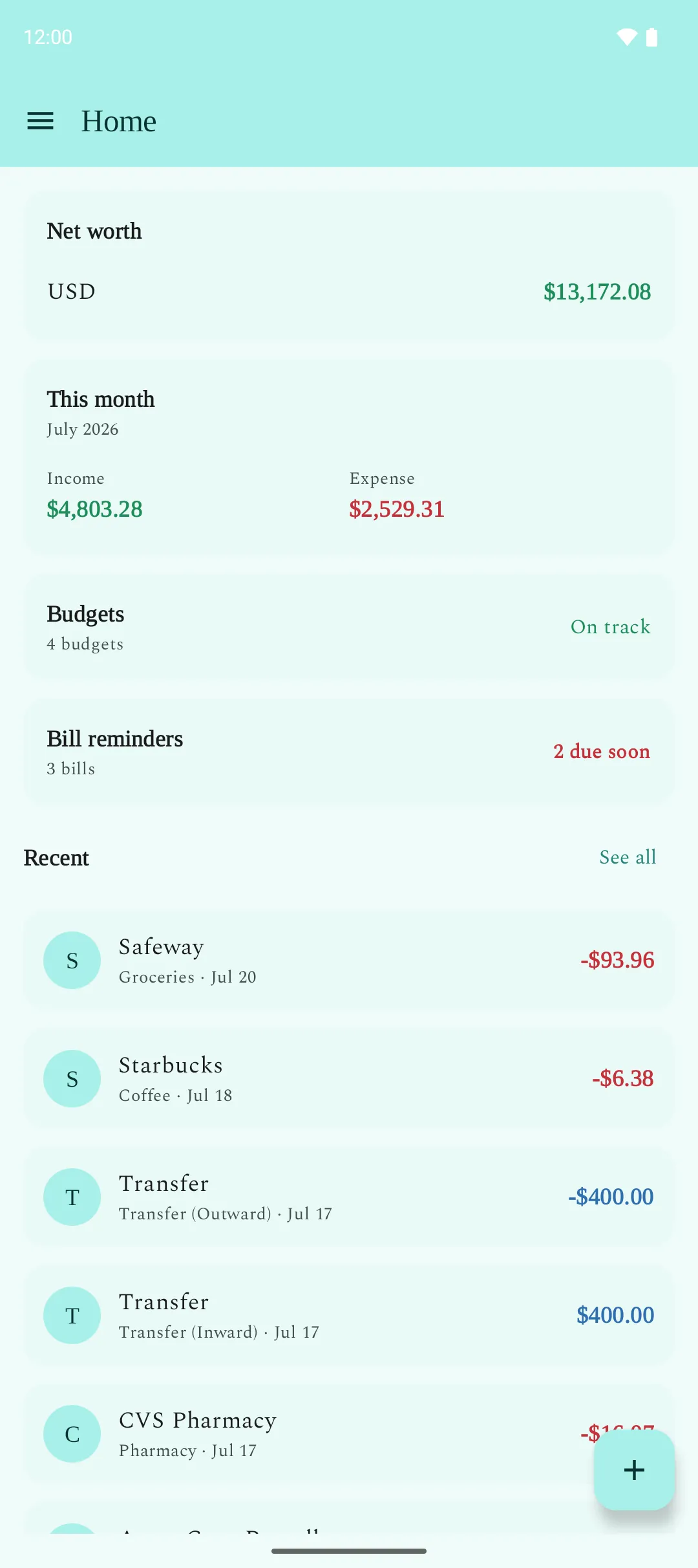 My Expense Manager home dashboard showing net worth, monthly income and expenses, budgets and bill reminders