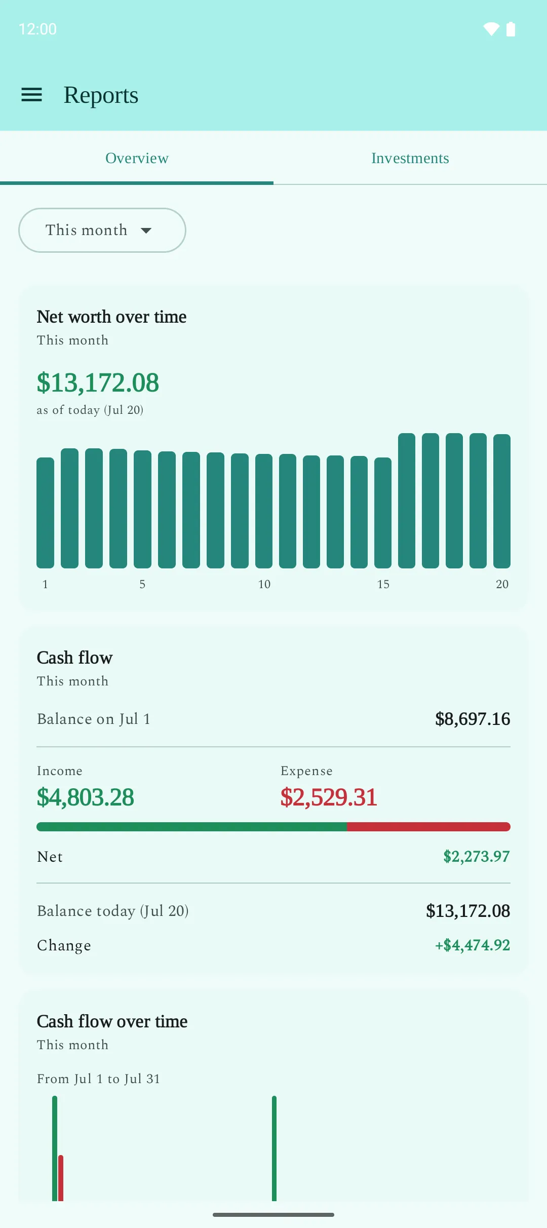 Reports screen showing net worth over time and monthly cash flow charts