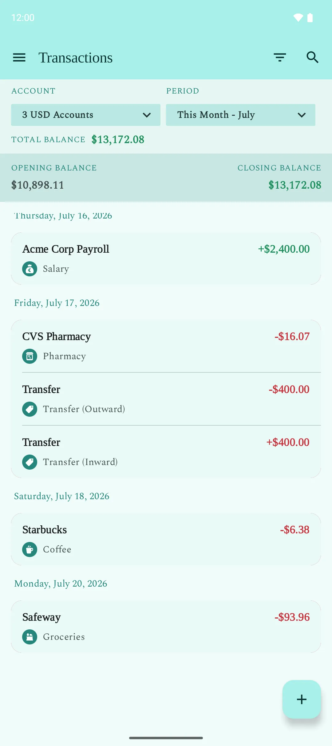 Transaction history in My Expense Manager, with income and expenses grouped by day